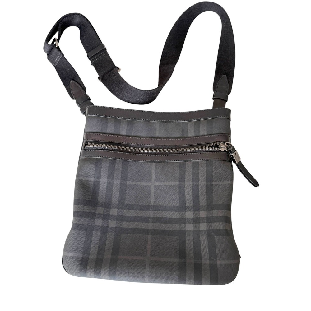 Burberry London Vintage Smoked Check Messenger Bag Charcoal Grey Black Crossbody